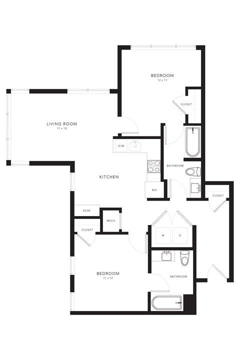 Floor plan for 2 beds, 2 baths, 883 sqft